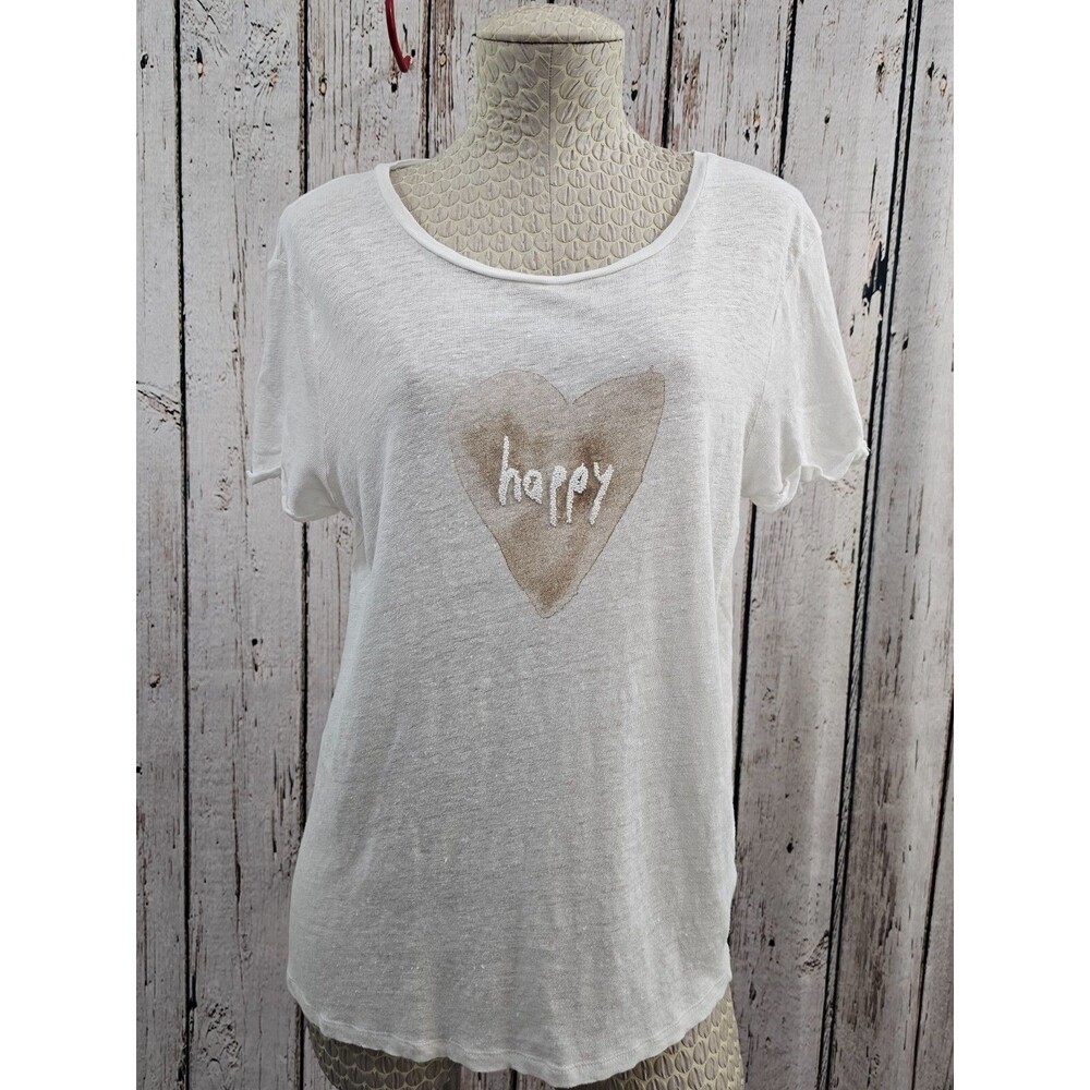 Marc Aurel 40 Beaded Happy Heart Short Sleeve Linen Tee T-Shirt Top‎ Summer EUC